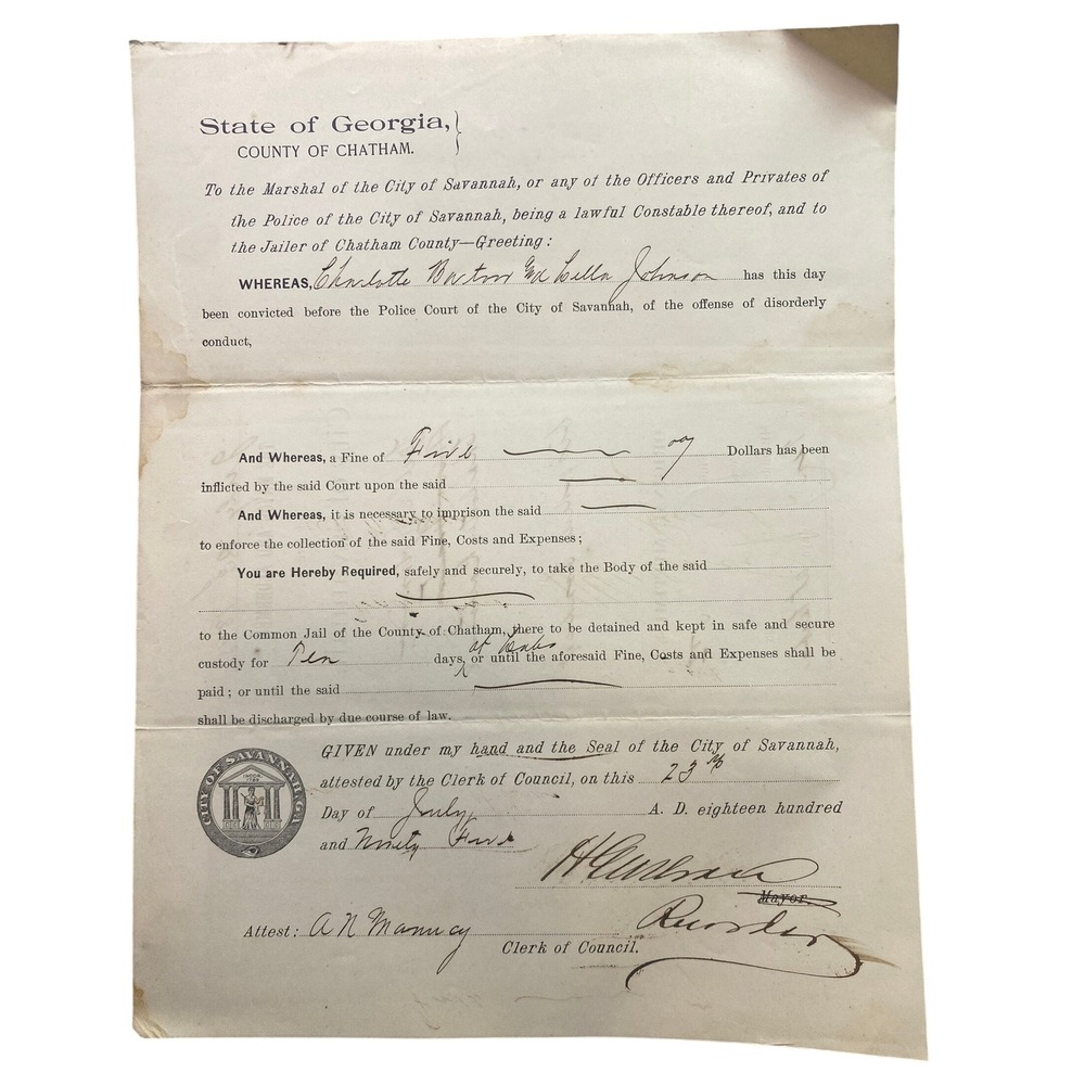 Antique 1895 Disorderly Conduct Judgement Court‎ Paper Savanah GA Ephemera